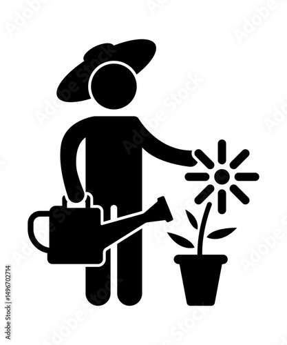 Stick figure stickman icon, human silhouette. gardener with watering can and flower plants in pots.