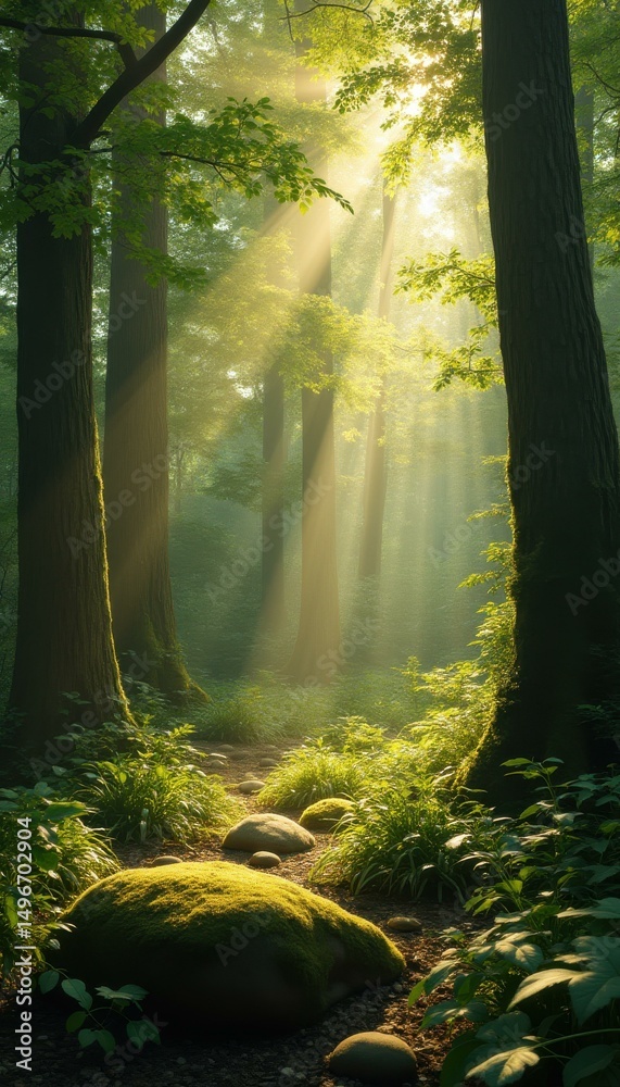 Fototapeta premium Sunlit Forest Path: Serene Woodland Scene with Mossy Rocks, Green Foliage, and Rays of Sunlight
