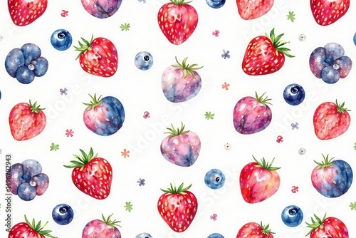 Delicate watercolor berry & fruit repeat pattern , green, fruit