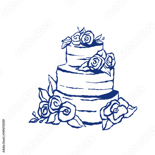 Vector illustration of a wedding cake with roses, drawn in a blue hand-drawn outline style. Elegant and minimalistic design for invitations, greeting cards, and bakery branding.