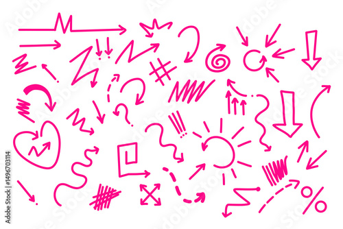 Set of various pink hand-drawn arrows, lines, signs, and symbols in doodle marker style. Isolated elements on white background, great for presentations, posters, and creative layouts.