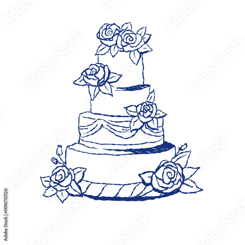 Layered wedding cake with roses in hand-drawn blue outline
