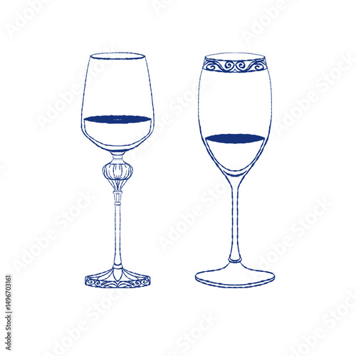 Vector illustration of two elegant wine glasses with ornate bases and rim details. Blue outline drawing in vintage style, ideal for wine branding, menus, and event decor.