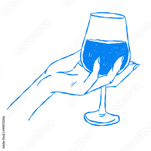 Hand holding a wine glass, minimalist blue outline illustration