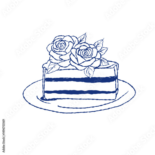 Hand-drawn cake slice with rose flowers on a plate, outline style