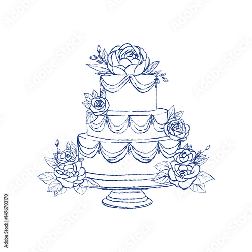 Elegant wedding cake with peonies and roses on a stand, line art style