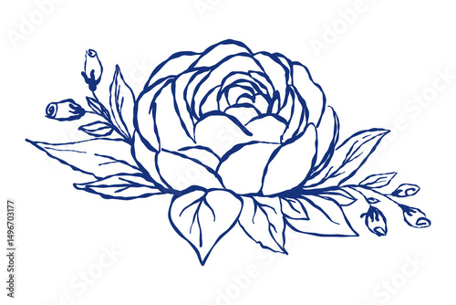 Vector illustration of a blooming garden rose surrounded by small buds and decorative leaves. Blue outline drawing perfect for invitations, botanical prints, branding, and wedding decor.