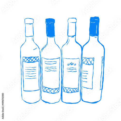 Vector illustration of four wine bottles with decorative labels, drawn in blue outline style. A minimalist wine-themed composition perfect for branding, product packaging, or print design.