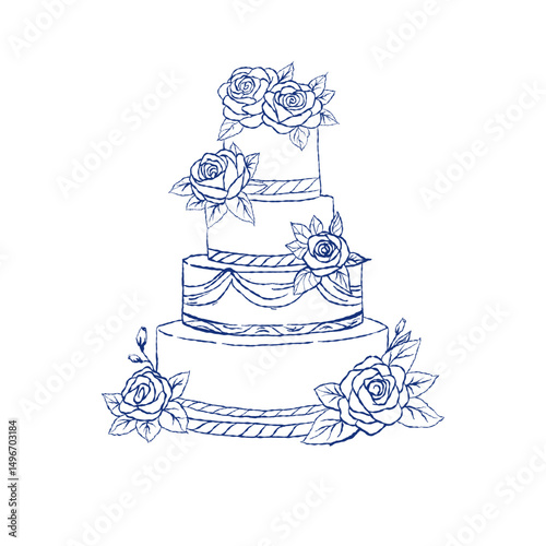 Vector illustration of a multi-layered wedding cake decorated with blooming roses and ribbon elements. Drawn in blue outline style, perfect for wedding invitations and packaging.