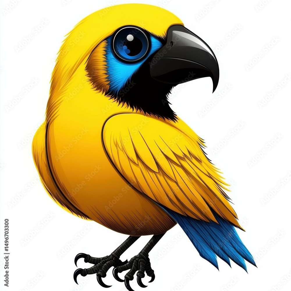 Fototapeta premium Adorable Cartoon Bird with Yellow Plumage, Blue Accents and Curious Expression Standing on a White Background
