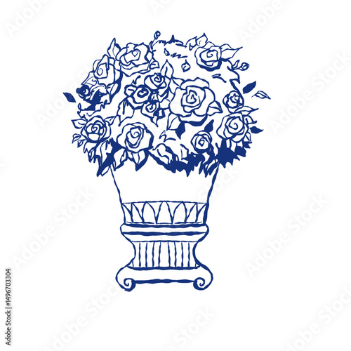 Vintage vase filled with blooming roses, blue outline floral sketch