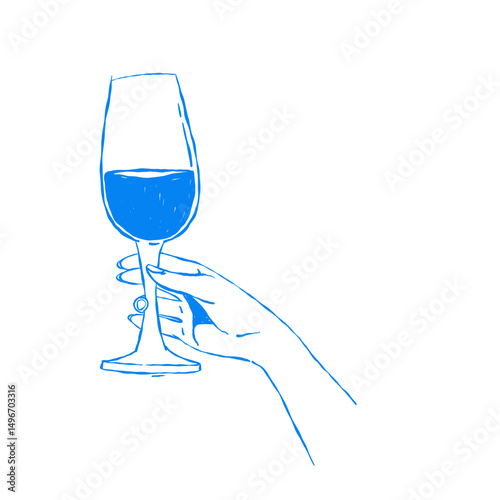 Vector illustration of a wine glass held by a graceful hand wearing a ring. Elegant blue outline style, ideal for invitations, wine branding, packaging, and celebration graphics.