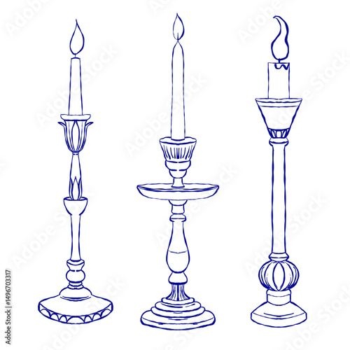 Set of vintage candle holders with lit candles, blue outline sketch