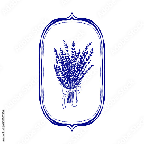 Lavender bouquet with ribbon in vintage oval frame, blue outline illustration