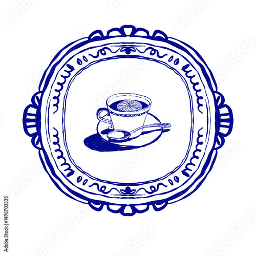 Tea cup with lemon and spoon in vintage frame, blue outline illustration