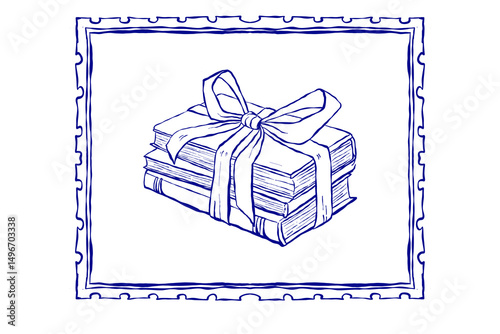 Stack of vintage books tied with ribbon in decorative frame, blue outline sketch