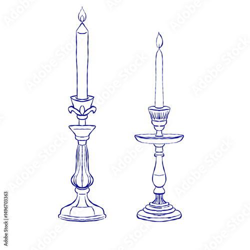 Pair of vintage candle holders with lit candles, blue outline illustration