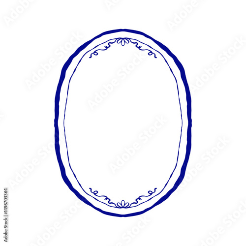 Ornate oval frame with floral details, blue outline illustration