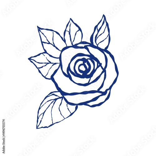 Vector illustration of a blooming rose flower with surrounding leaves. Drawn in blue outline style, perfect for botanical prints, branding, wedding decor, and packaging design.