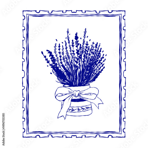 Lavender in decorated jar with bow inside square vintage frame