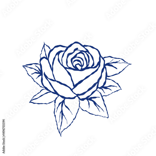 Vector illustration of a blooming rose flower with surrounding leaves. Drawn in blue outline style, perfect for botanical prints, branding, wedding decor, and packaging design.