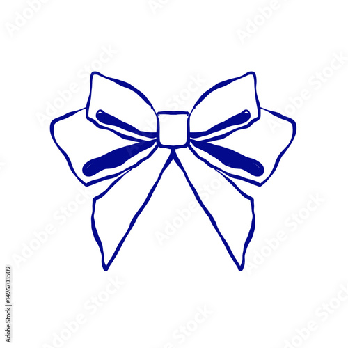 Illustration of a classic symmetrical ribbon bow with wide loops and flowing tails. Drawn in blue outline style, this design  for packaging, gift decor, branding, stationery, and festive projects.