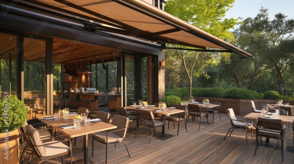 Fototapeta premium Outdoor dining area with modern design, overlooking a lush garden