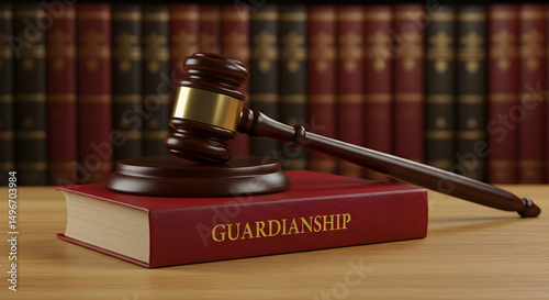 Wooden Gavel Resting on Red Guardianship Book in Front of Bookcase in Warm Lighting