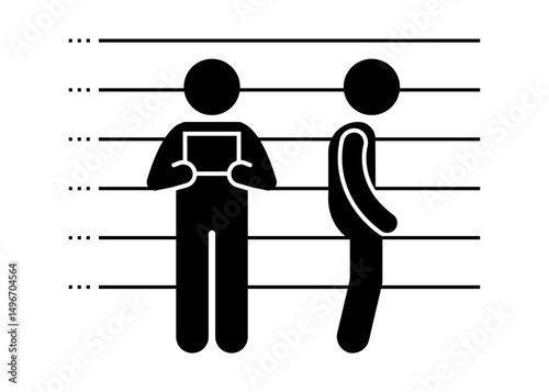 Stick figure stickman icon, human silhouette. A prisoner is being photographed from the front and side.