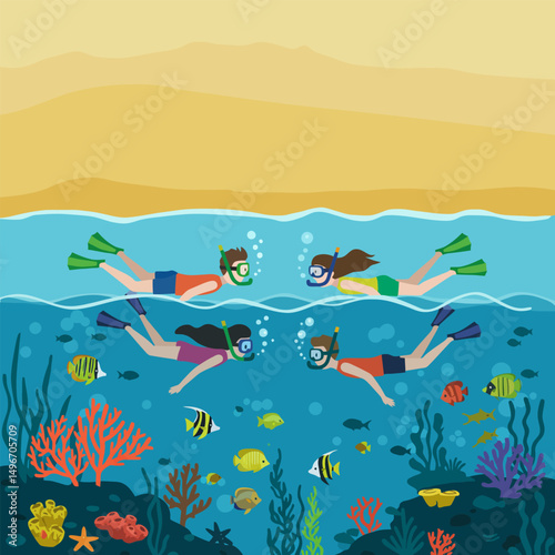 Group Snorkeling in Clear Ocean Water with Coral and Colorful Fish