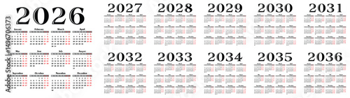 A set calendar templates for a year 2026 - 2036.
