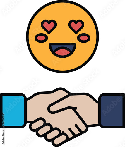 A smiling face with a heart on it is surrounded by two hands shaking