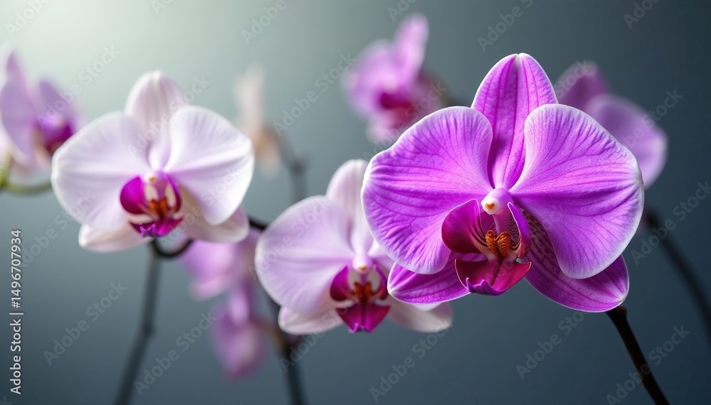 Obraz premium One vibrant purple orchid amongst white orchids, apart, prominent, background