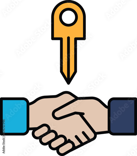 A key is shown between two hands, symbolizing a handshake