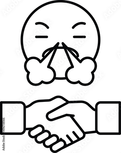 A man is blowing his nose and the other man is shaking his hand