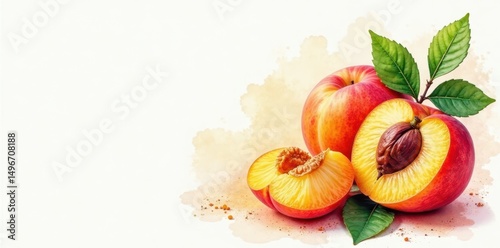 Vibrant apricot halves, whole fruit, leaves Watercolor painting , food, kernel
