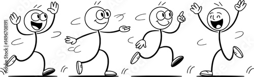 Happy stick figures running jumping playing fun cartoon illustration