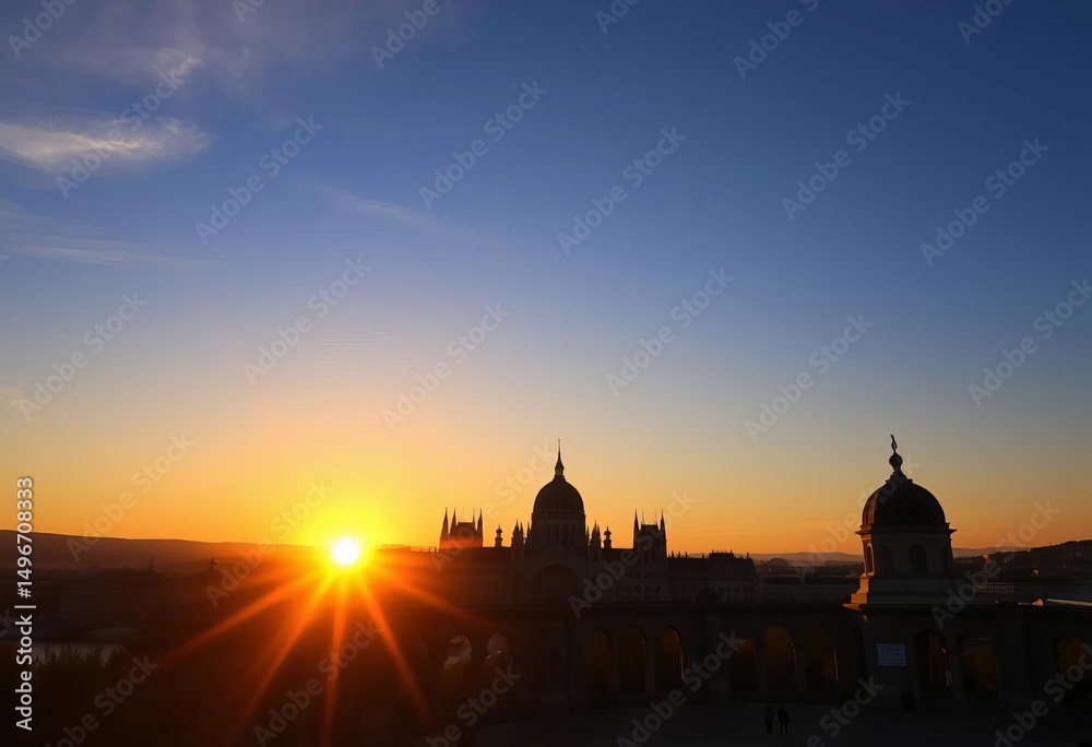 Fototapeta premium Sunrise silhouettes at Fisherman's Bastion viewpoint, Budapest, city, romantic