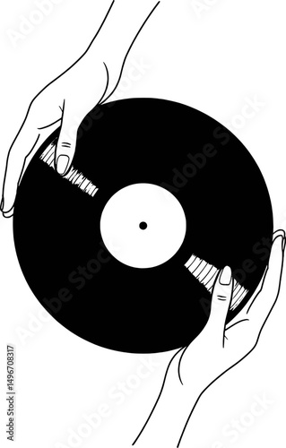 Hands holding a vinyl record black and white illustration
