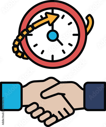 A clock with a red circle and an arrow pointing to the right