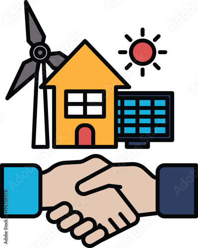 A hand shaking a house with a windmill in the background