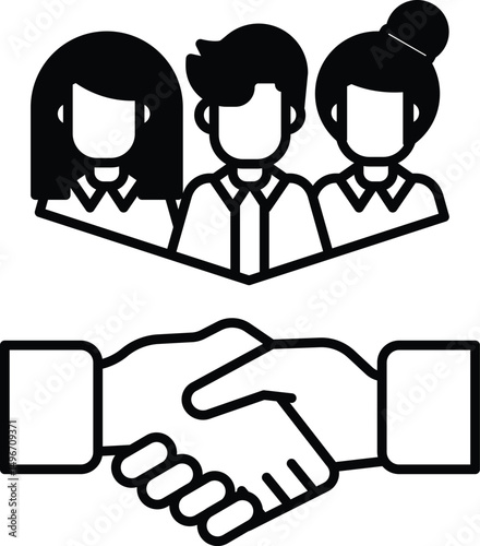 A hand shaking another hand with a group of people in the background