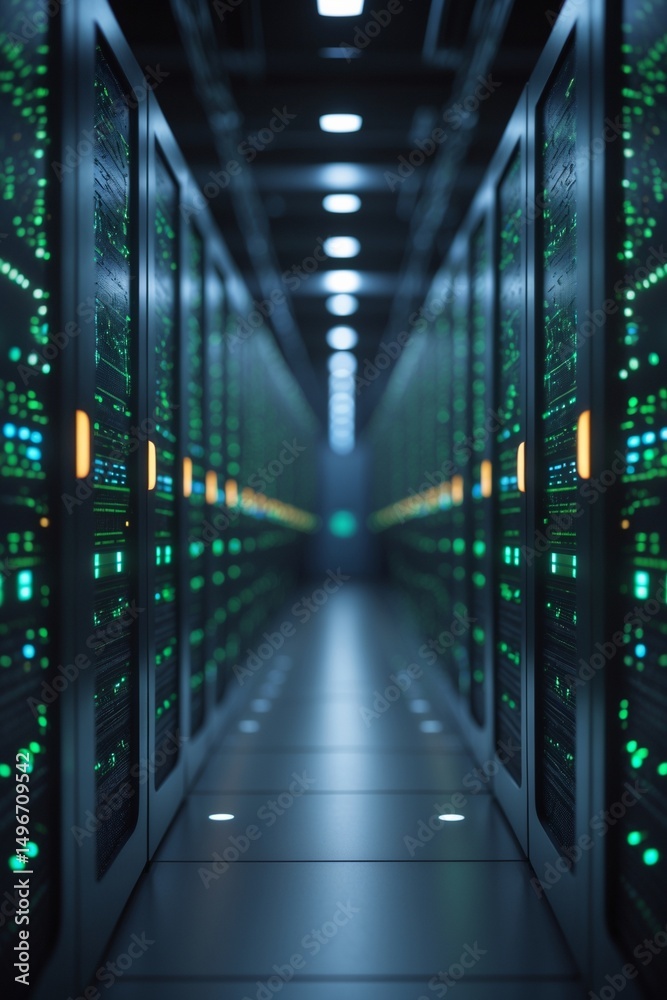 Obraz premium Blurry view of a data center interior with rows of network servers, green and blue indicator lights.