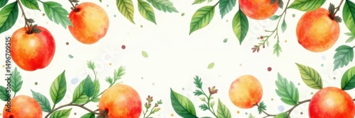 Delicate apricot watercolor pattern, lush leaves & fruit, packaging, bright
