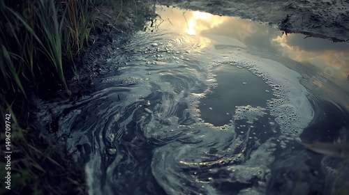 Closeup plastic waste and bottles contaminating river or lake water ecosystem pollution and environmental hazard image