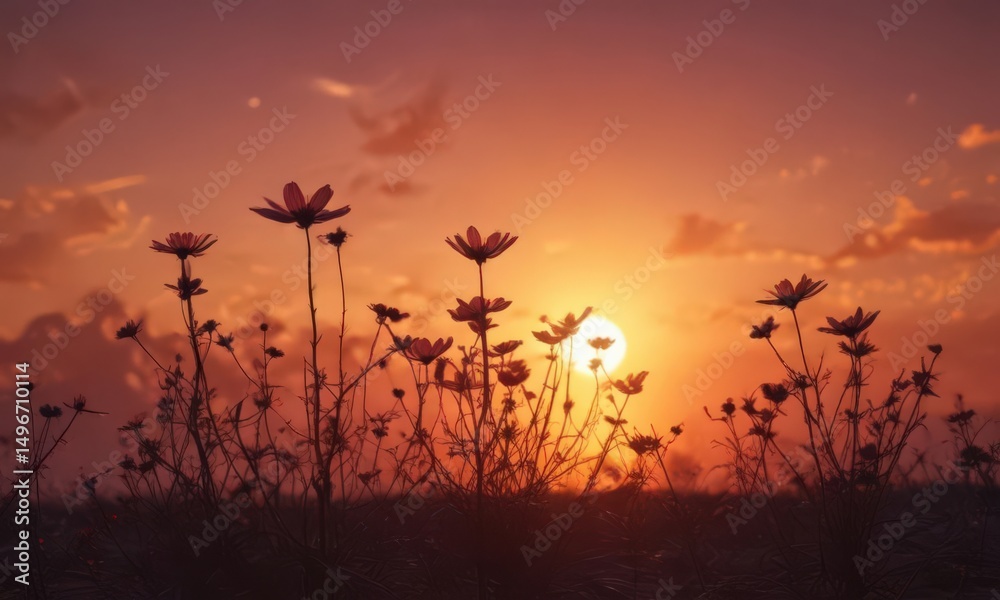 Naklejka premium Silhouetted cosmos against a fiery sunset backdrop , backlit, sky, dramatic