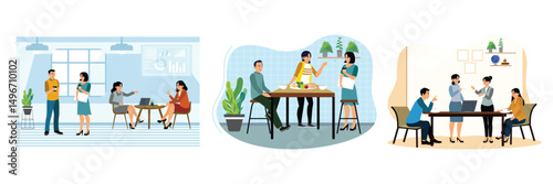 Some office staff take a break and have lunch together in the cafeteria.
