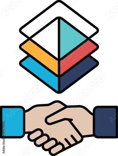 A hand shaking another hand with a logo in the background