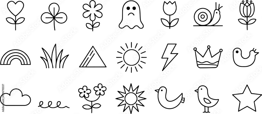 Fototapeta premium Cute simple line art icons collection doodle style