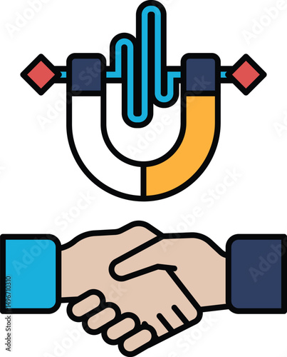 A hand shaking another hand with a magnet in the middle